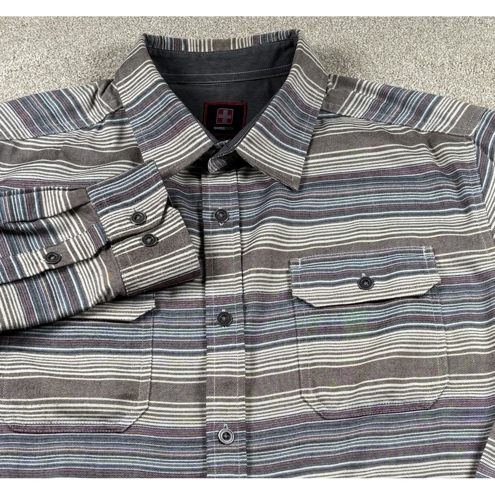 SWISSTECH‎ Men's Large Button Up Long Sleeve Striped Shirt Brown